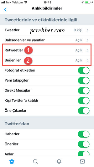 twitter bildirimleri kapalı yapmak