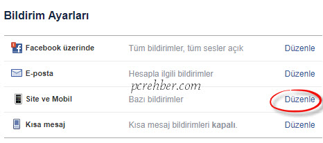 Facebook bildirim kapatmak