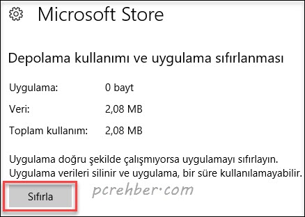 microsoft store sıfırlama