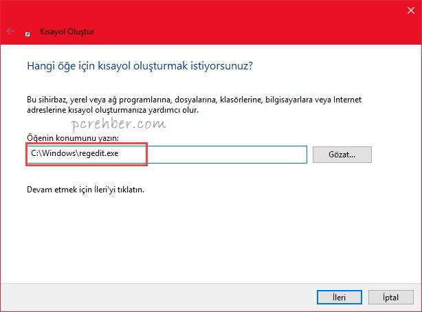 kayıt defteri kısayol