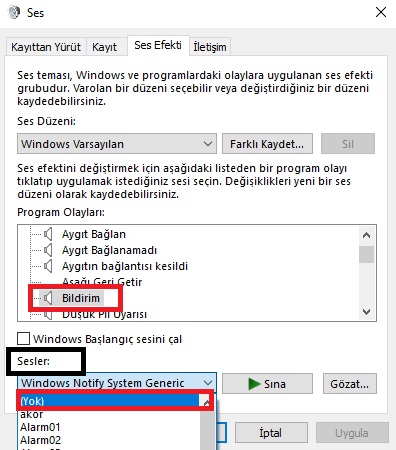 Windows 10 bildirim sesi kapatma