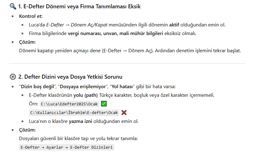 Luca E-Defter denetim kayıt işlemi sırasında Hata
