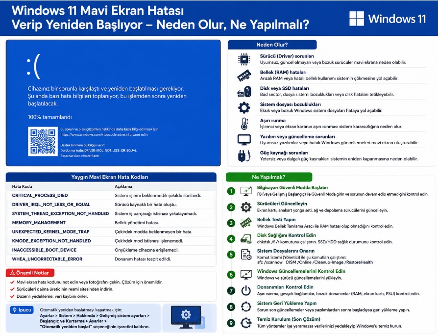 Windows 11 mavi ekran hatası verip yeniden başlıyor